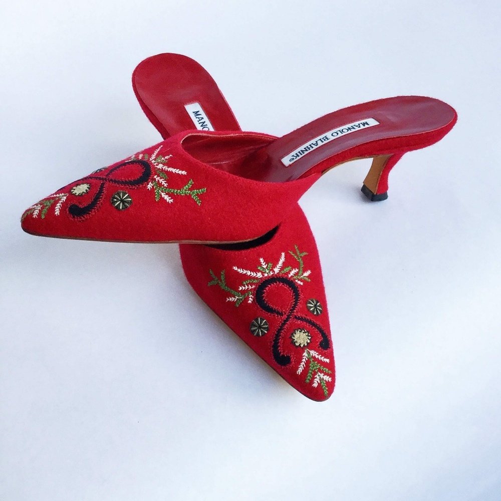 Vintage Manolo Blahnik Embroidered Suede Mules